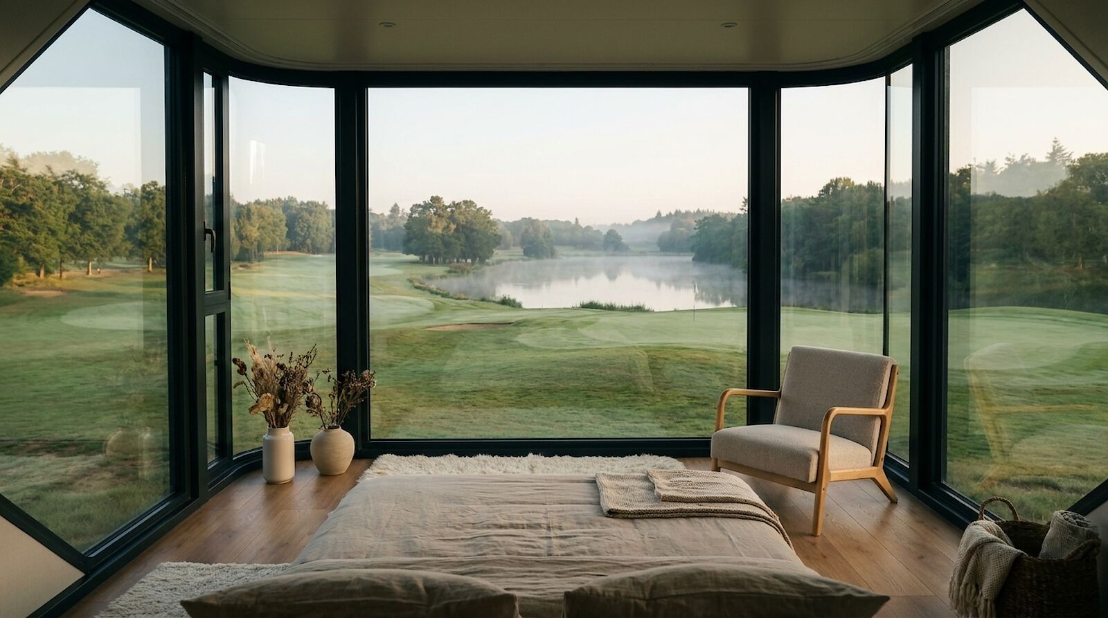 L’intérieur de la suite : le lit face à une baie panoramique ouverte sur l’étang et le parc.