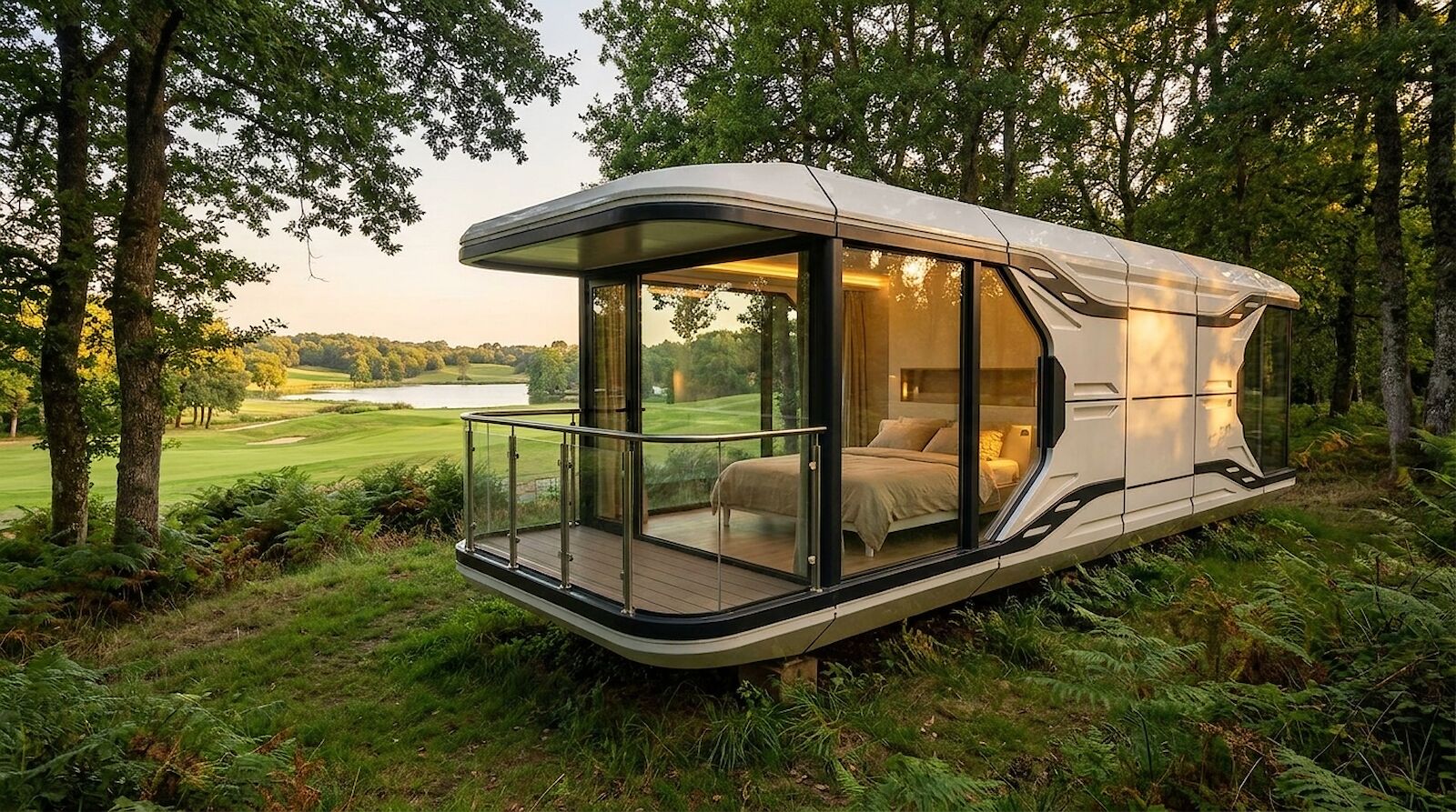 La suite panoramique posée en lisière de bois, terrasse ouverte ; l’étang et le parcours s’étendent au loin dans la lumière dorée du soir.