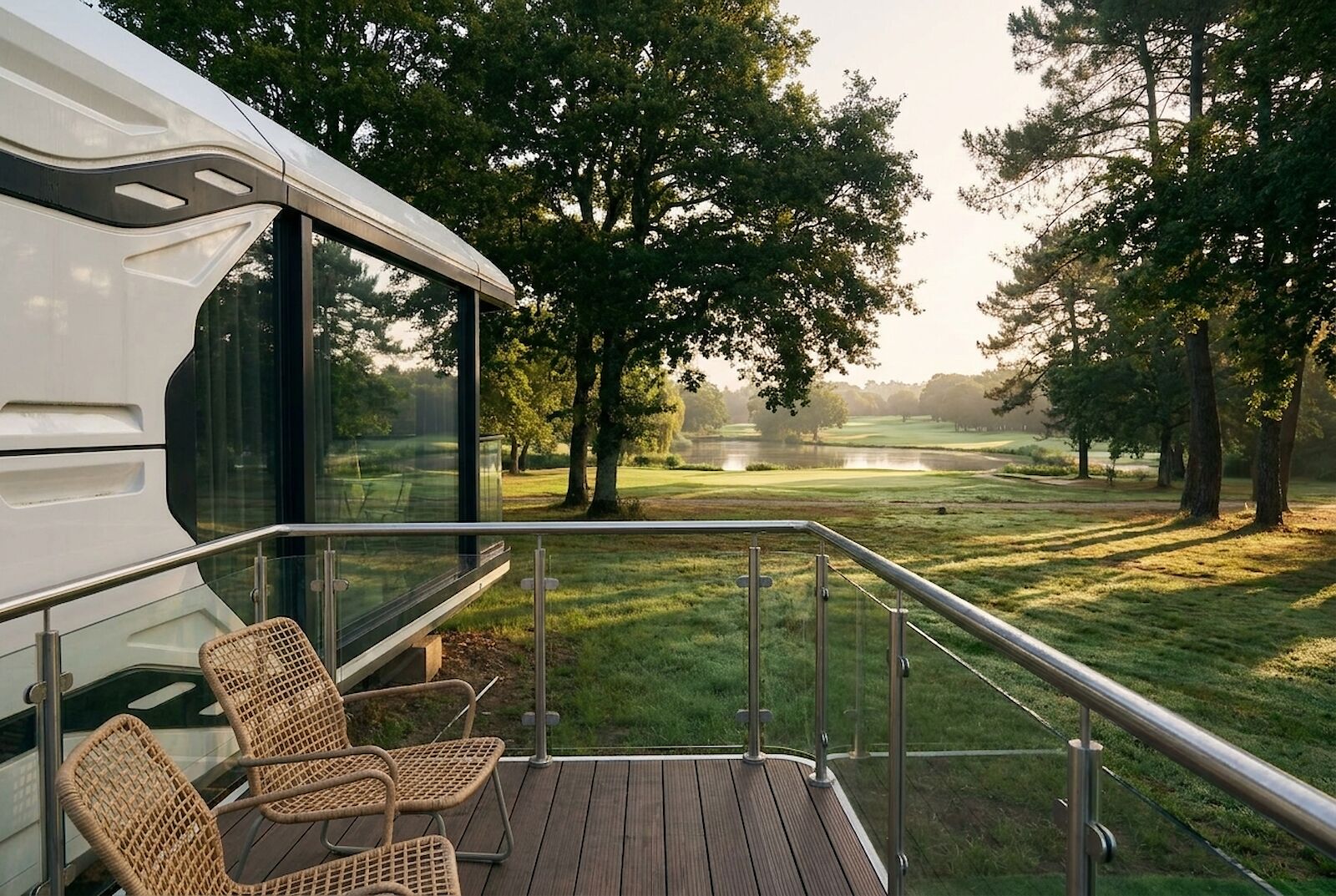 La terrasse en bois au petit matin, deux fauteuils face au parcours et à la brume basse.